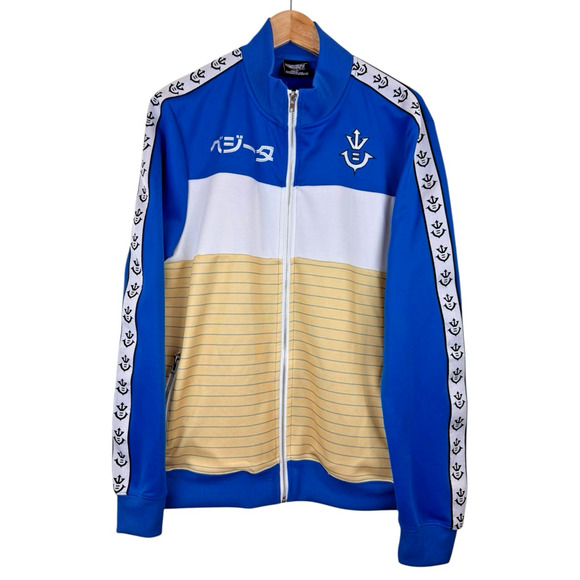 Dragonball Z Vegeta Armor Sweater Mens Large Full Zip Jacket Yellow Blue Fleece - Picture 1 of 5